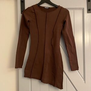 Renew by PLT Brown Long Sleeve Asymmetrical Dress